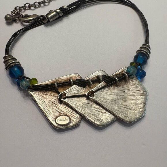 Chico’s Women’s Black Rope with Silver Blue Green Pendant Necklace - Picture 8 of 9